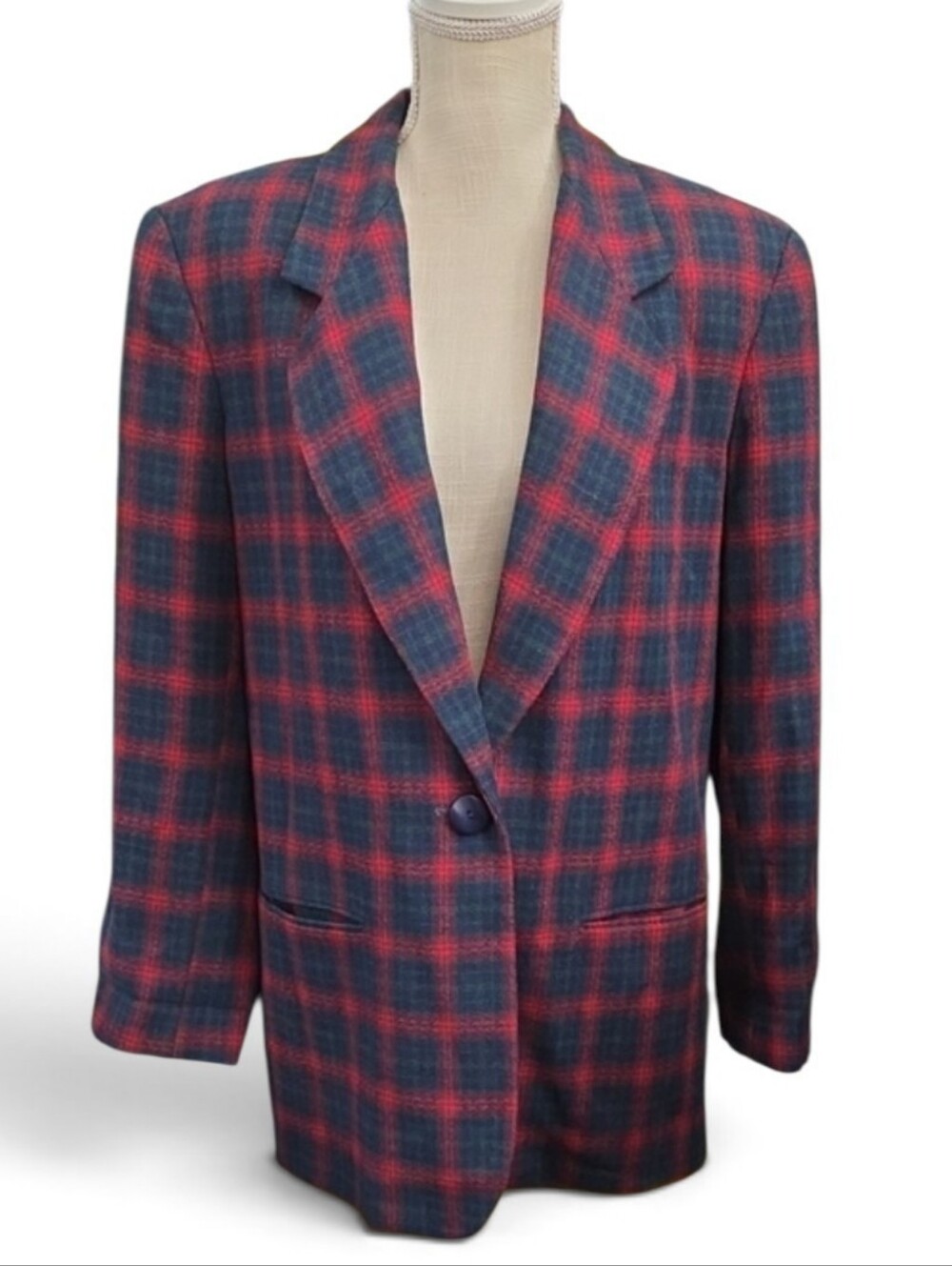Gilmor Tailored Plaid Single-Button Blazer in Navy & Red